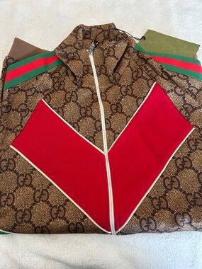 Gucci Brown GG Monogram Track Jacket with Red Chevron and Green-Red Webbing